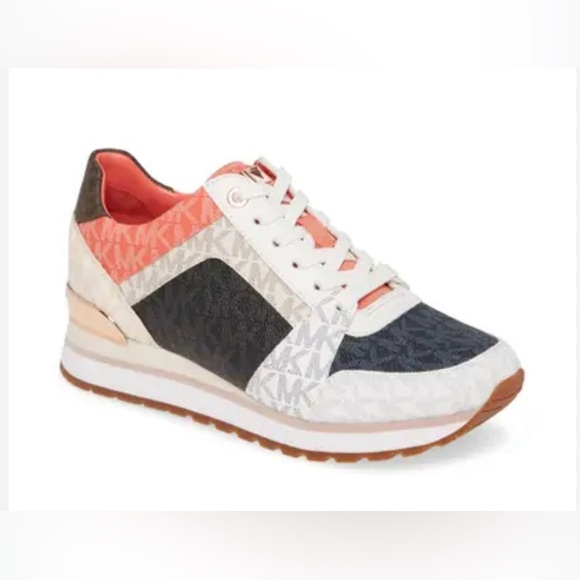 Michael Kors Billie Metallic Platform Trainer Coral and Blue Sneakers - Picture 1 of 12